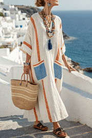 Striped Print V-Neck Casual Loose Pocket Maxi Dress