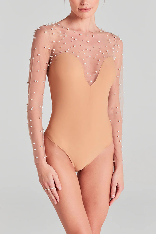 Romantic Mesh Pearl Embellished Long Sleeve Stretch Bodysuit