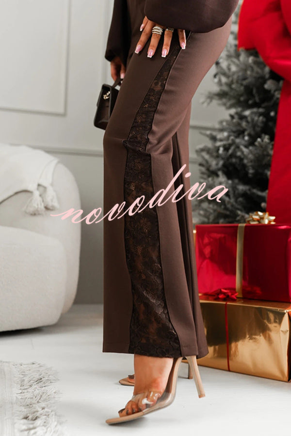 Joelie High Rise Elastic Waistband Side Lace Patchwork Flare Pants