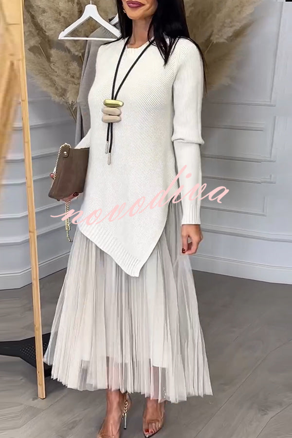 Jensine Ribbed Knit Irregular Loose Sweater and Pleated Tulle Tank Midi Dress Two-piece Set