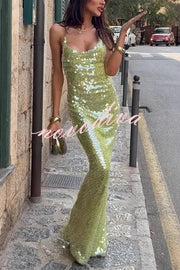 Fashionable Sequined Sexy Open Back Slim Maxi Dress