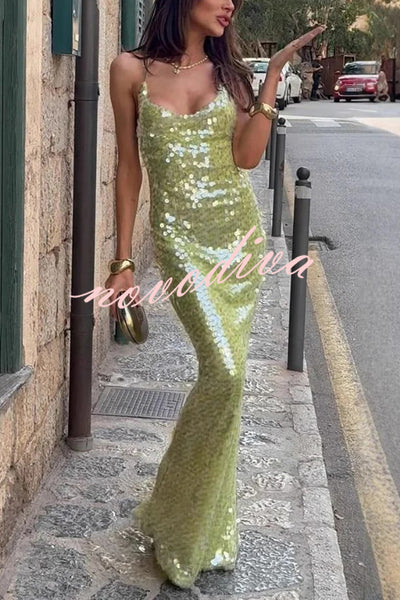 Fashionable Sequined Sexy Open Back Slim Maxi Dress