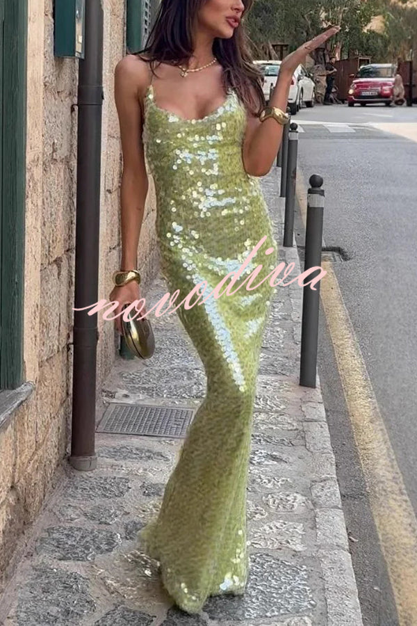 Fashionable Sequined Sexy Open Back Slim Maxi Dress