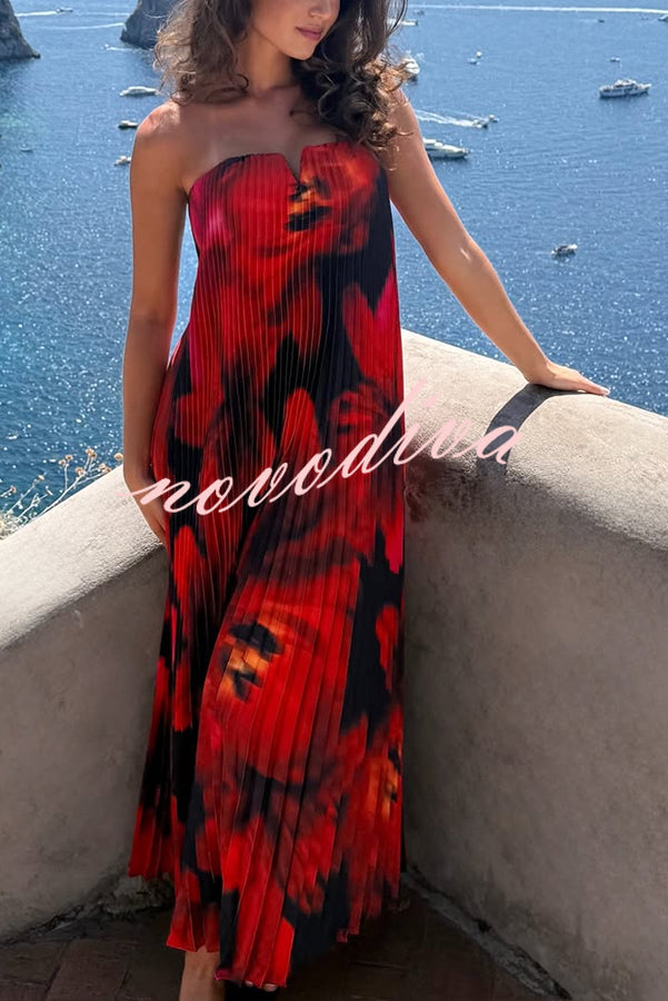 For Every Occasion Satin Pleated Floral Print V-wire Bandeau Neck Maxi Dress