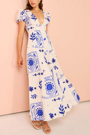 Embrace The Glamour Linen Blend Unique Print Puff Sleeve Pocketed Maxi Dress