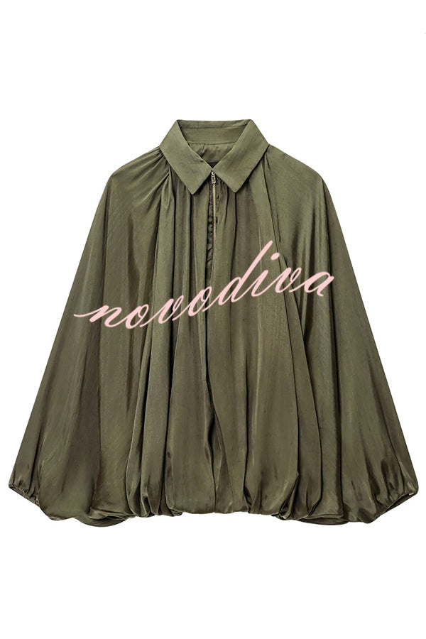 Fashion Lapel Loose Puff Long Sleeve Casual Zipper Jacket