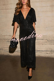 Trophy Wife Sequin Bell Sleeve Flare Stretch Jumpsuit