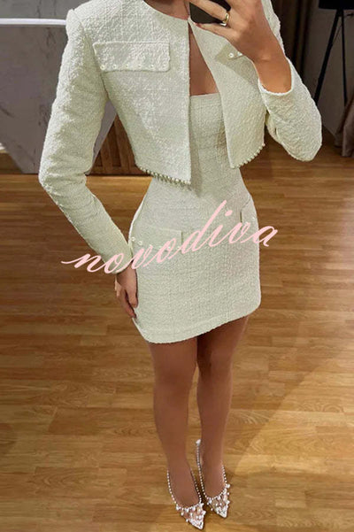 Stylish Sleeveless Tweed Sexy Slim Fit Pearl Embellished Mini Dress