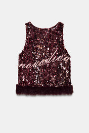 Gala Goddess Sequin Faux Fur Trim Crew Neck Sleeveless Loose Top