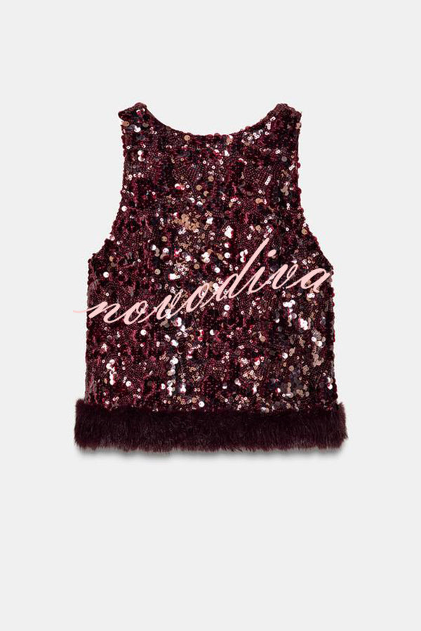 Gala Goddess Sequin Faux Fur Trim Crew Neck Sleeveless Loose Top