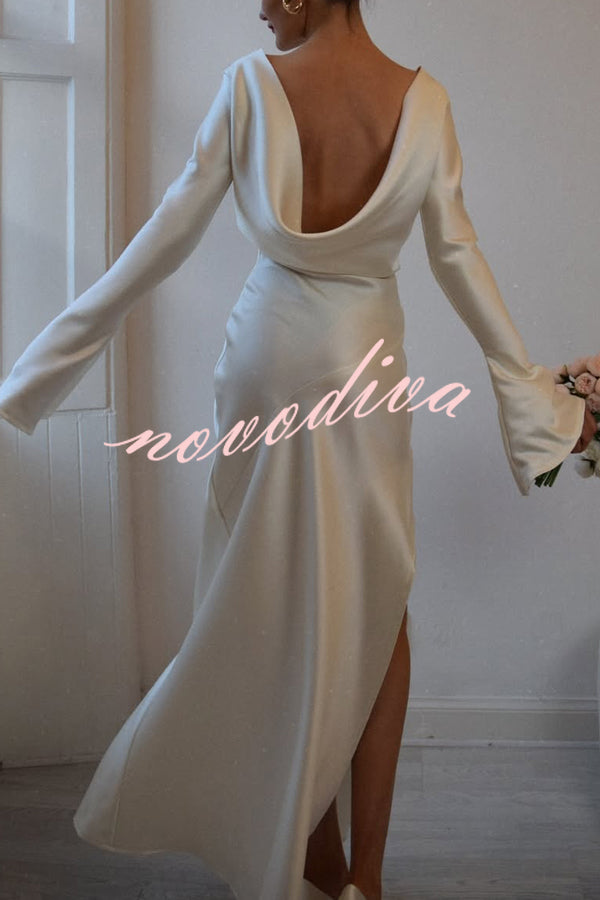 Satin Elegant Long-sleeved Open-back Slim-fit Slit Maxi Dress