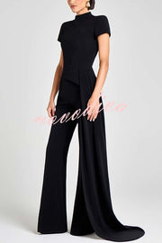 Pippa High Neck Short Sleeve Irregular Drape Hem Top and Elastic Waist Flare Pants Set