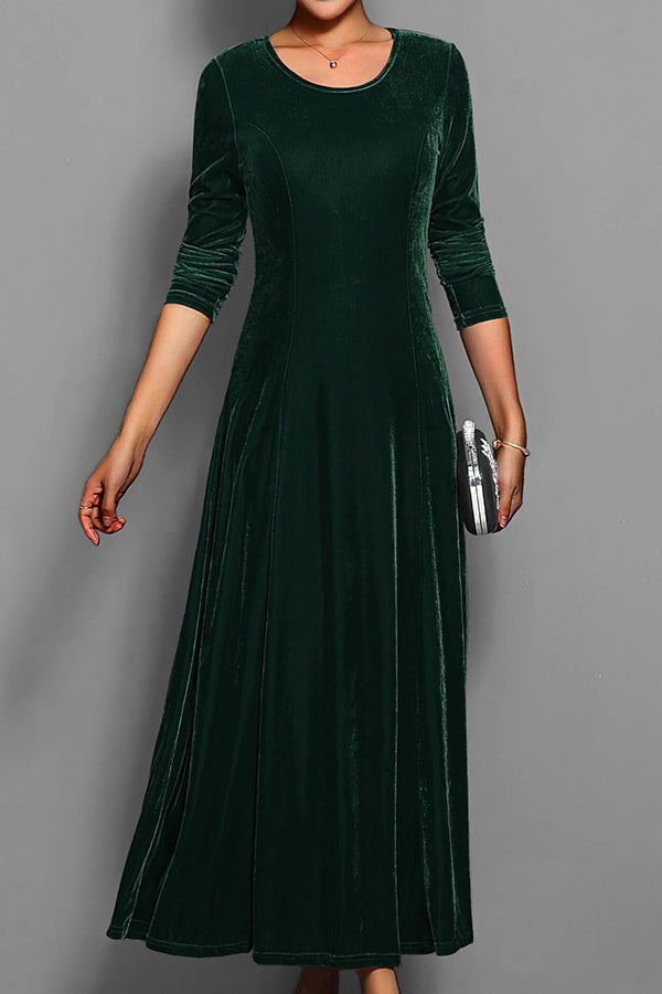 Solid Color Velvet Round Neck Long Sleeve Slim Midi Dress