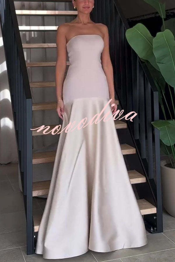 Timeless Elegance Satin Patchwork Strapless Flare Gown Maxi Dress