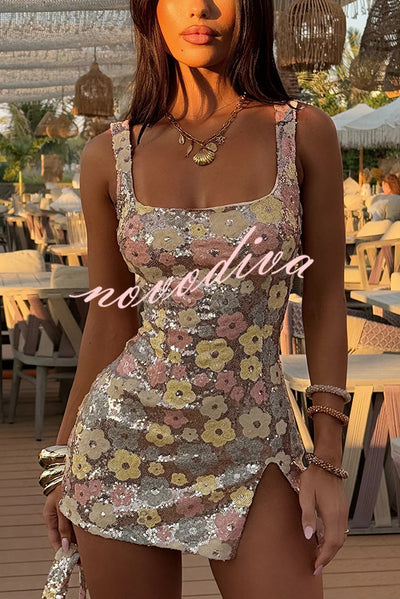 Sequined Flower Sexy Square Neck Slim Fit Mini Dress