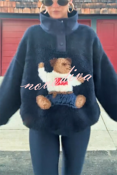 American Retro Polo Bear Pattern Stand Button Neck Long Sleeve Fleece Pullover