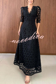 Best Day Ever Crochet Floral Lace Puff Sleeve Lined Maxi Dress