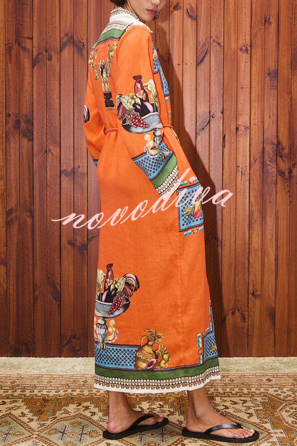 Linen Blend Unique Print Tie-waist Casual Maxi Dress