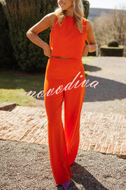 Modern and Elegant Solid Crop Tank and High Rise Flare Loose Pants Set