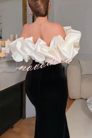 Cecily Velvet Off Shoulder Satin Structured Bardot Neck Stretch Maxi Dress