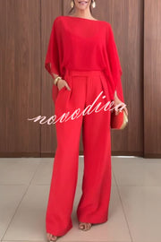 Vanie Chiffon Cape Batwing Sleeve Top and High Waist Pocket Wide Leg Pants Set