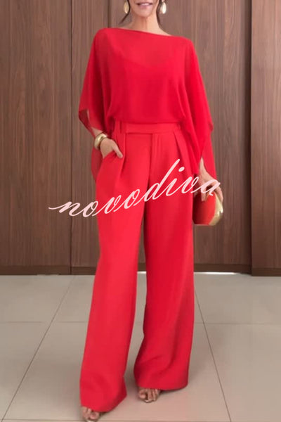 Vanie Chiffon Cape Batwing Sleeve Top and High Waist Pocket Wide Leg Pants Set