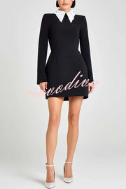 Alisha Contrast Floral Appliqué Pointed Collar Long Sleeve Pocketed Mini Dress