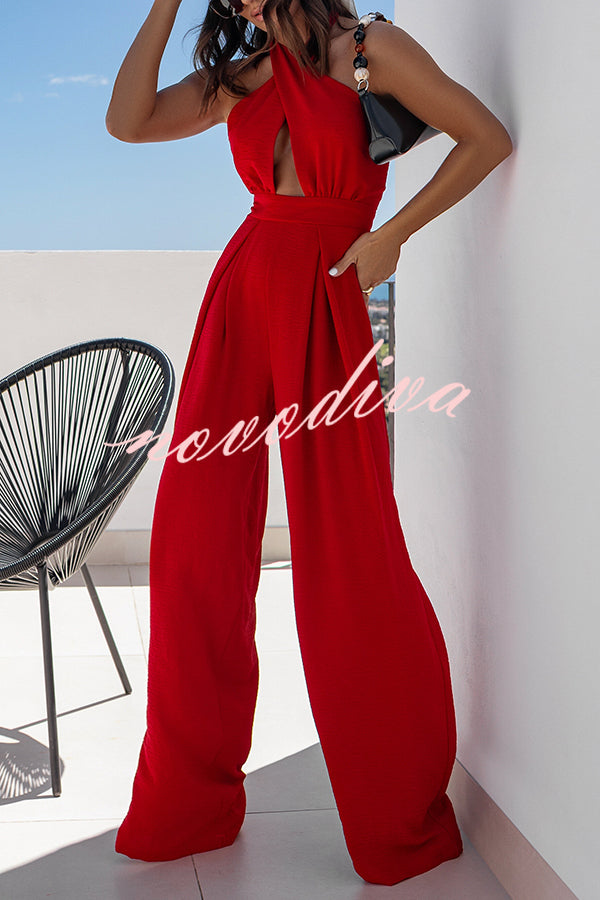 Easy Mode Cross-neck Halter Strap Backless Wide Leg Jumpsuit