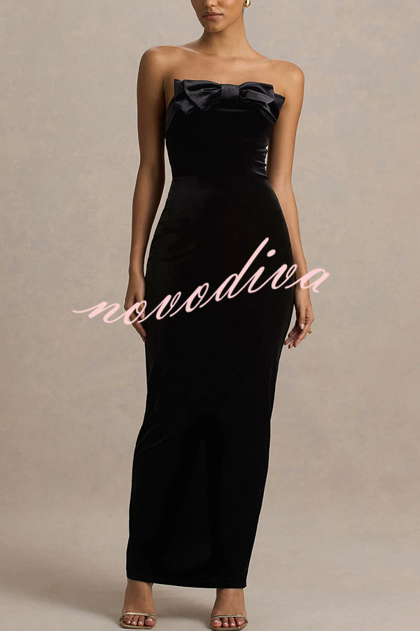 Illusion Velvet Bandeau neck Bow detail Stretch Maxi Dress