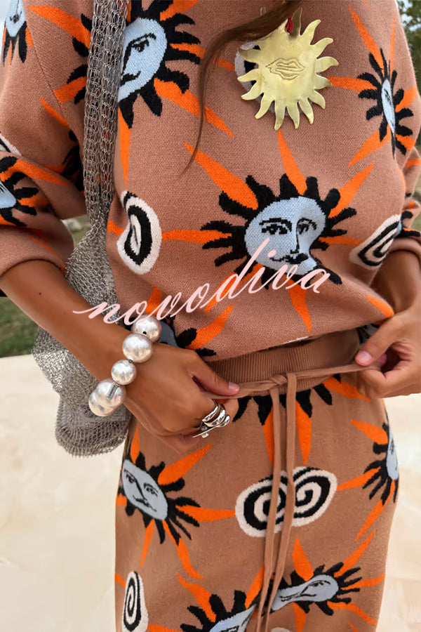 Mediterranean Art Knit Unique Sun Vortex Print Elastic Waist Wide Leg Pants