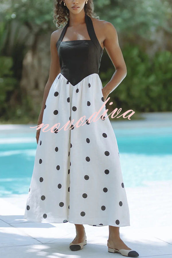Kai Linen Blend Colorblock Polka Dot Print Halter Pocketed Midi Dress