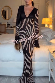 City Night Chiffon Colorblock Animal Print Tie-up Long Sleeve Maxi Dress