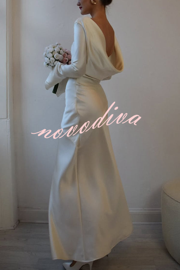 Satin Elegant Long-sleeved Open-back Slim-fit Slit Maxi Dress