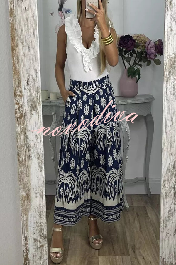 Unique Print Elastic Waist Loose Pocket Holiday Wide Leg Pants