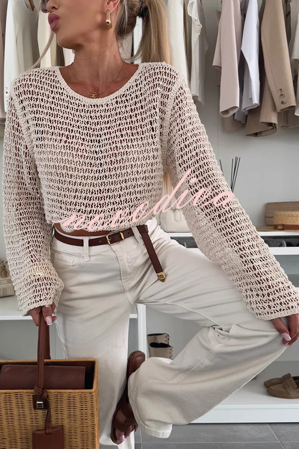 Fashion Knitted Hollow Long Sleeve Round Neck Holiday Cover Up