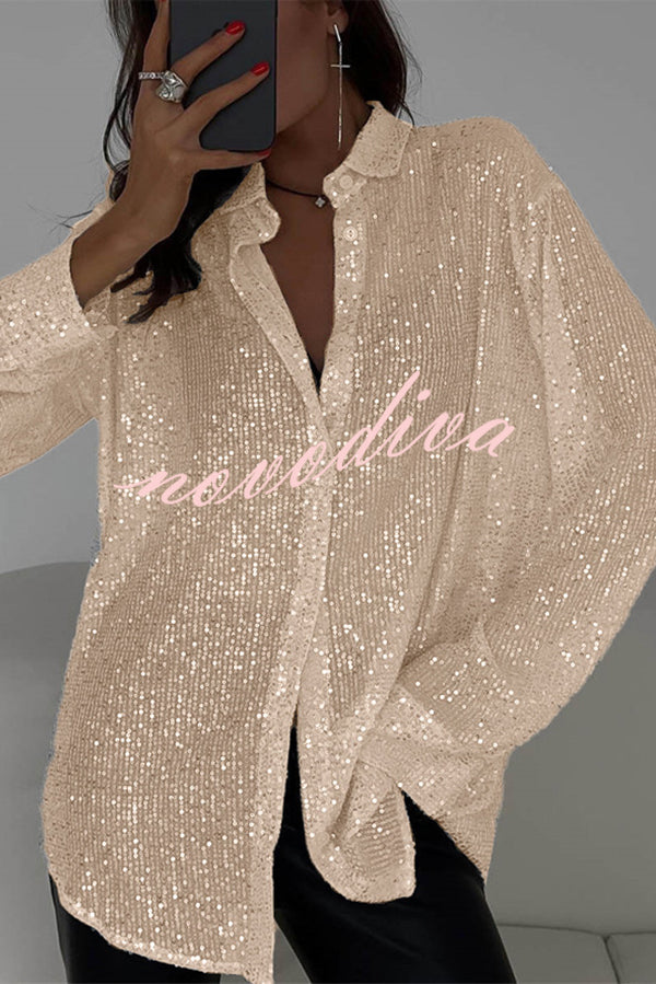 Fashion Sequin Lapel Long Sleeve Loose Shirt