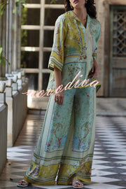 Elonie Satin Floral Print V-neck Half Sleeve Top and Elastic Waist Wide Leg Pants Set