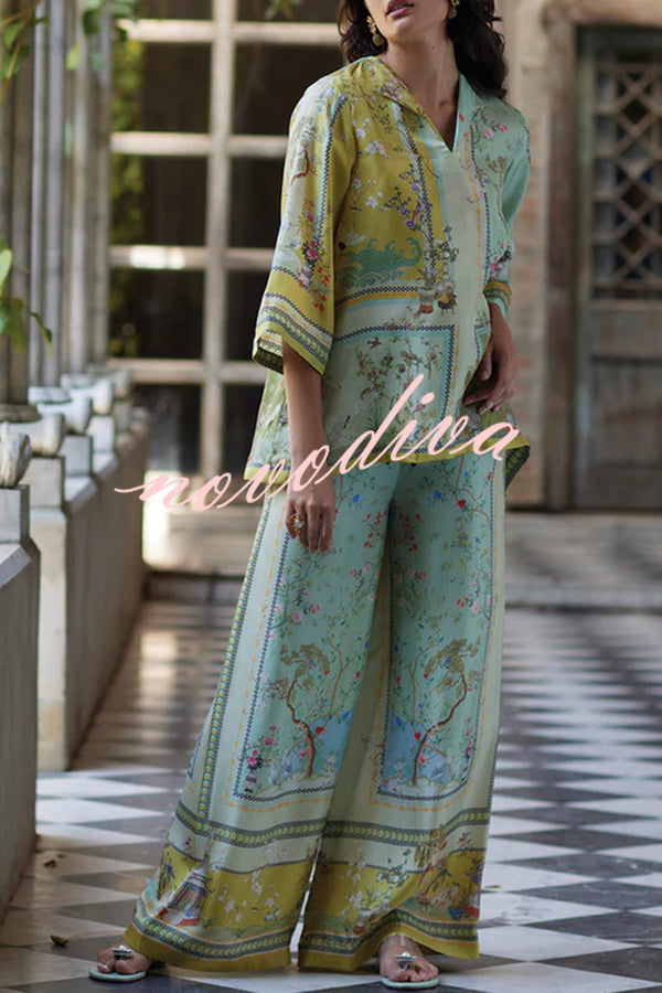 Elonie Satin Floral Print V-neck Half Sleeve Top and Elastic Waist Wide Leg Pants Set