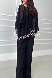 Vanie Chiffon Cape Batwing Sleeve Top and High Waist Pocket Wide Leg Pants Set