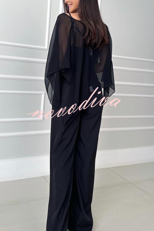 Vanie Chiffon Cape Batwing Sleeve Top and High Waist Pocket Wide Leg Pants Set