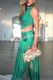 Dancing Miracle One Shoulder High Waist Hollow Design Tassel Hem Drape Mini Dress