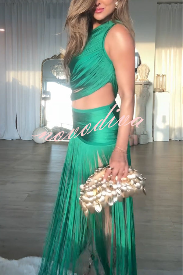 Dancing Miracle One Shoulder High Waist Hollow Design Tassel Hem Drape Mini Dress