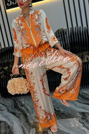 Unique Printed Casual Long-sleeved Loose Top and Elastic Waist Pocket Wide-leg Pants Set