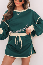 Fashion Round Neck Long Sleeve Spliced Casual Top and Elastic Waist Loose Shorts Set