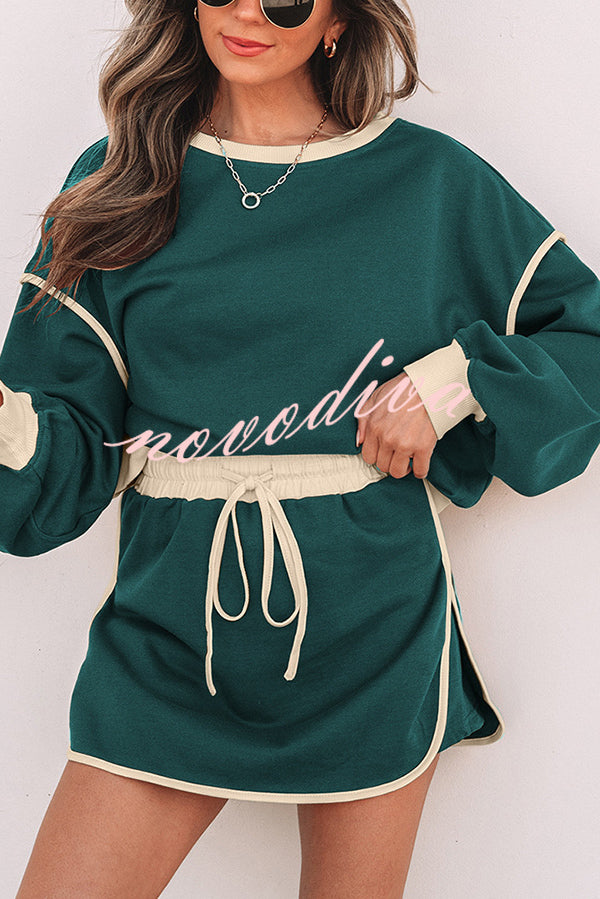 Fashion Round Neck Long Sleeve Spliced Casual Top and Elastic Waist Loose Shorts Set