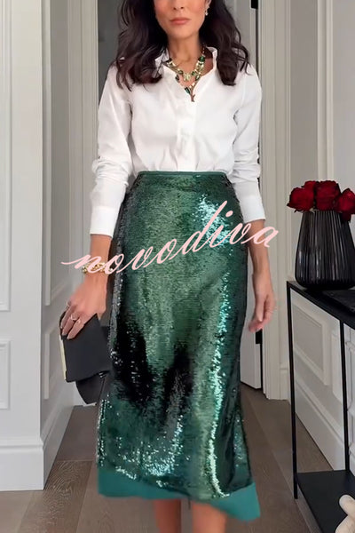 Shimmer Scene Sequin Patchwork Hem High Rise Slit Pencil Midi Skirt