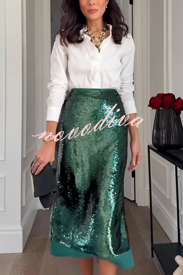 Shimmer Scene Sequin Patchwork Hem High Rise Slit Pencil Midi Skirt