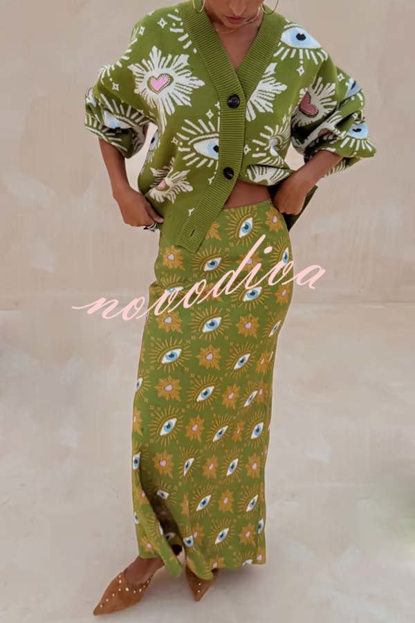 Mysterious Magic Satin Eye Heart Pattern Elastic Waist Drape Maxi Skirt