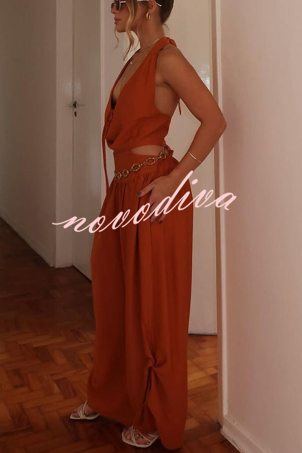 Alessia Cutout Waist Back Tie-up Pocket Halter Harem Jumpsuit