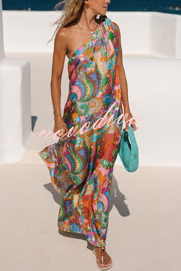 Rainbow Breeze Satin Unique Print Bow One Shoulder Loose Maxi Dress